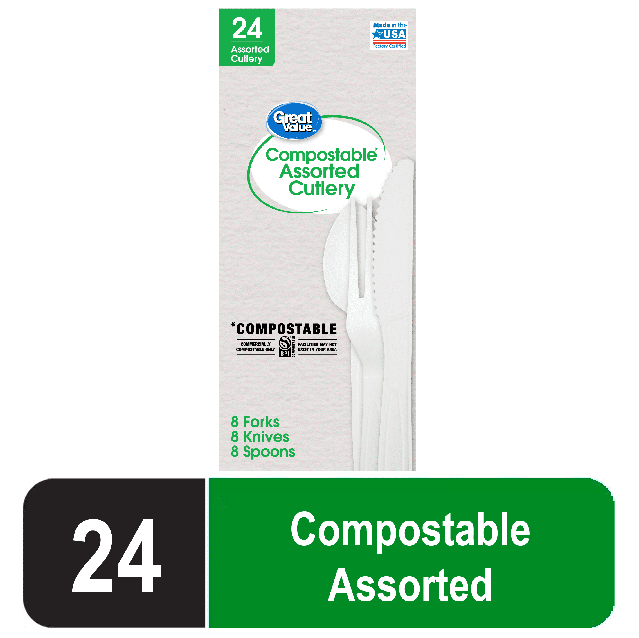 Great Value Disposable Compostable Biopolymer Cutlery, Residential Single Use, White, Set 24 Pack