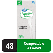 Great Value Disposable Compostable Biopolymer Cutlery, Residential Single Use, White, Set 48 Pack