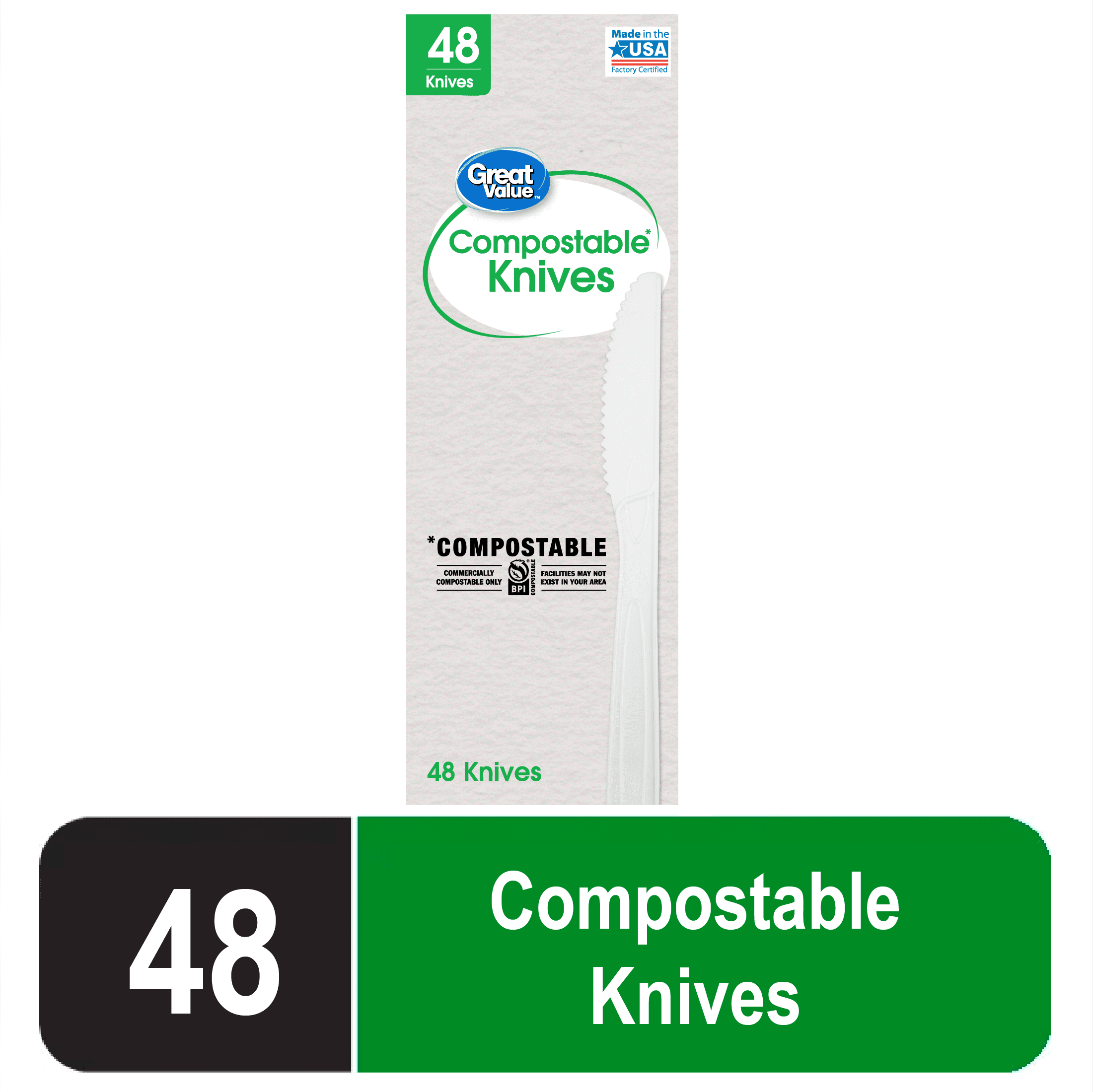 Great Value Disposable Compostable Biopolymer Knives, Residential Single Use, White, 48 Count Pack