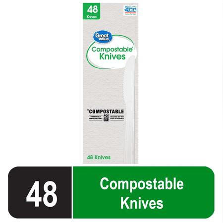 Great Value Disposable Compostable Biopolymer Knives, Residential Single Use, White, 48 Count Pack