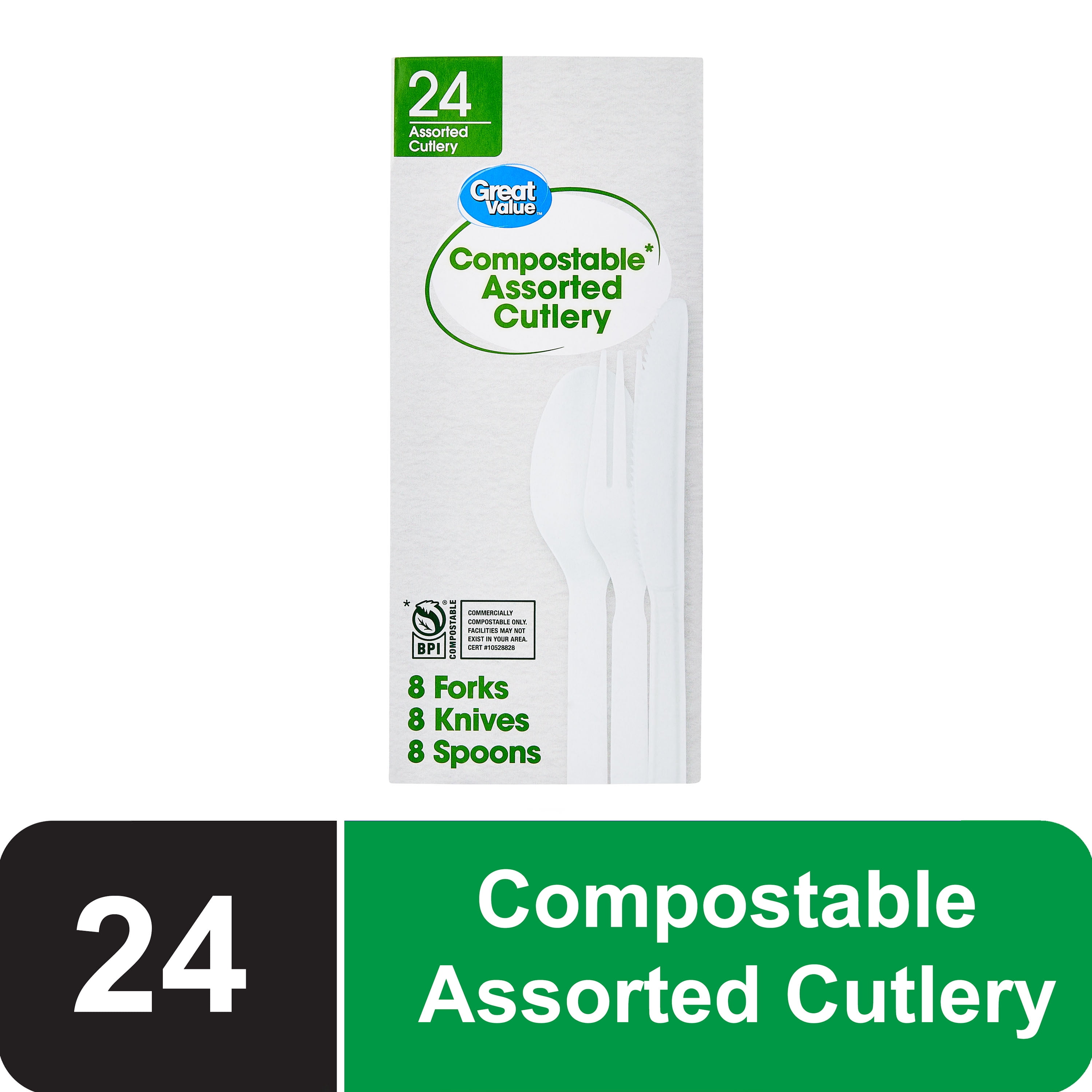 Great Value Disposable Compostable Cutlery Set, 24 Count Includes 8F/8S/8K
