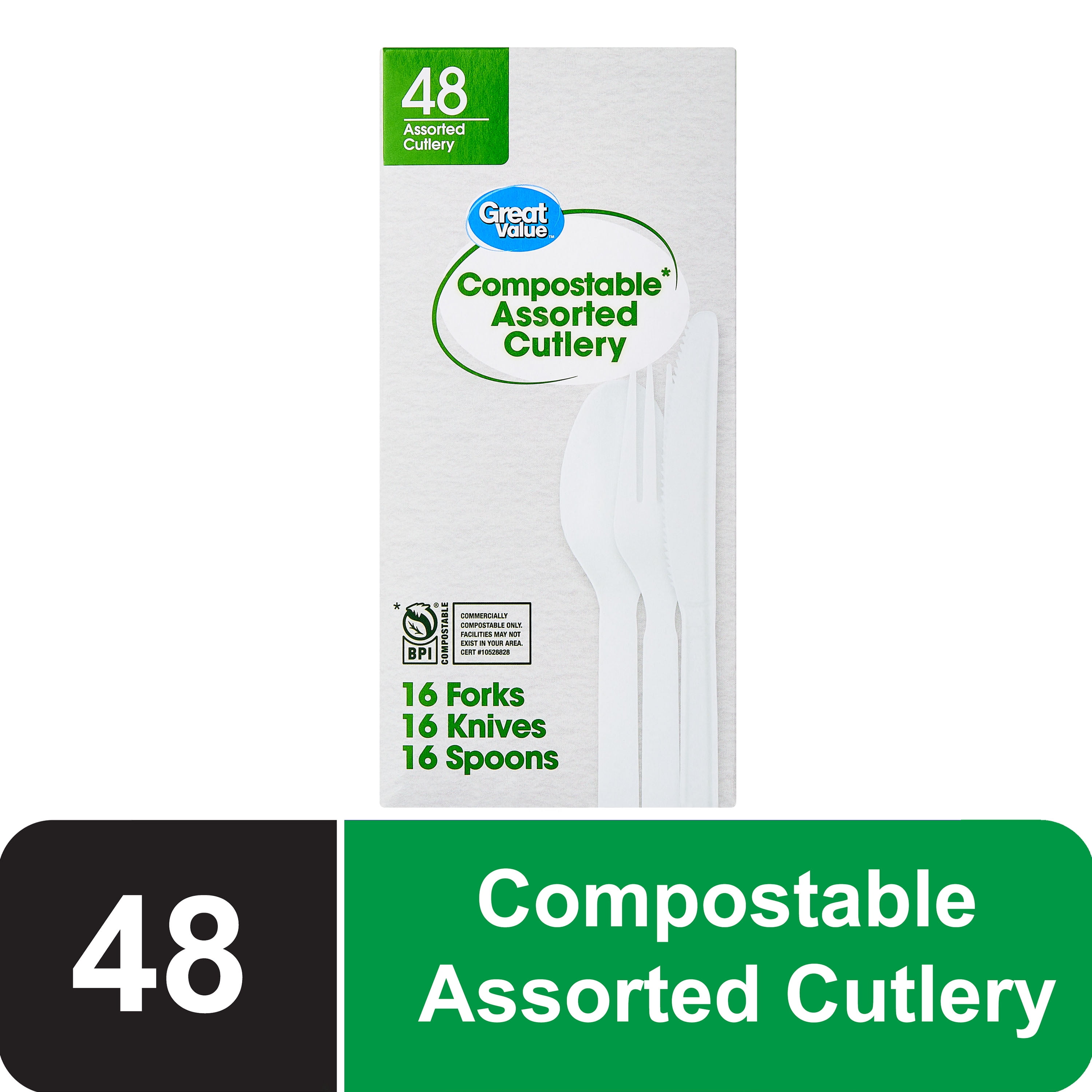 Great Value Disposable Compostable White Cutlery Set, 48 Count Includes 16F/16S/16K