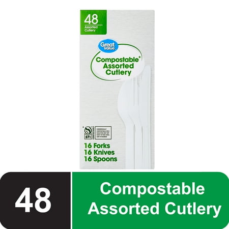 Great Value Disposable Compostable White Cutlery Set, 48 Count Includes 16F/16S/16K