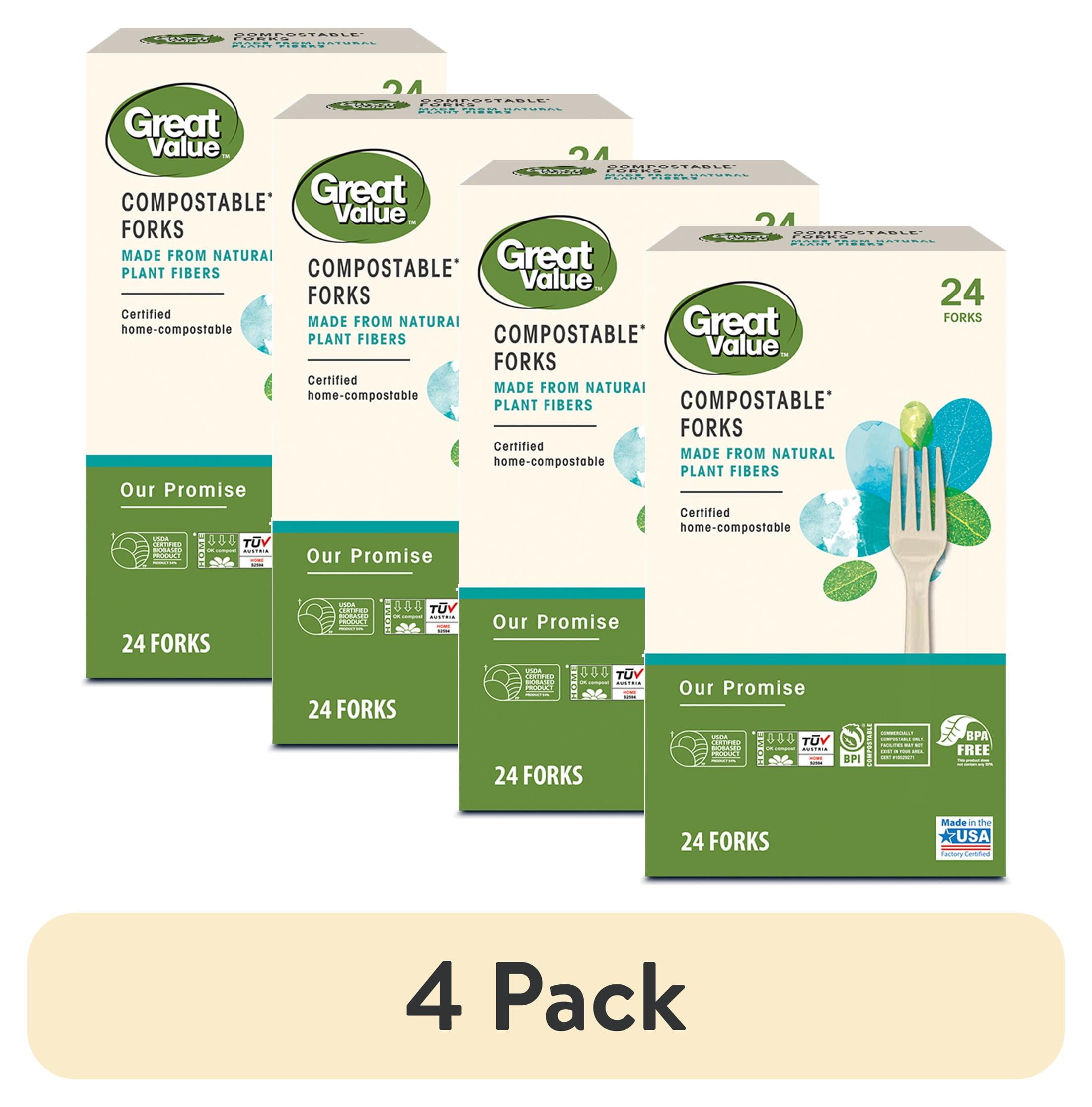 (4 pack) Great Value Disposable Compostable Forks, Beige, 24 Count