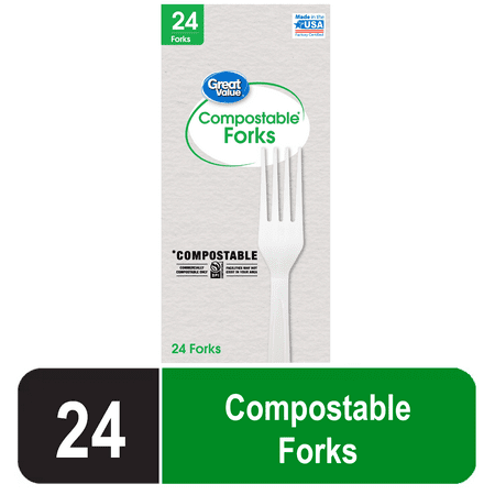 Great Value Disposable Compostable Forks, Residential Single Use, White, 24 Count Pack