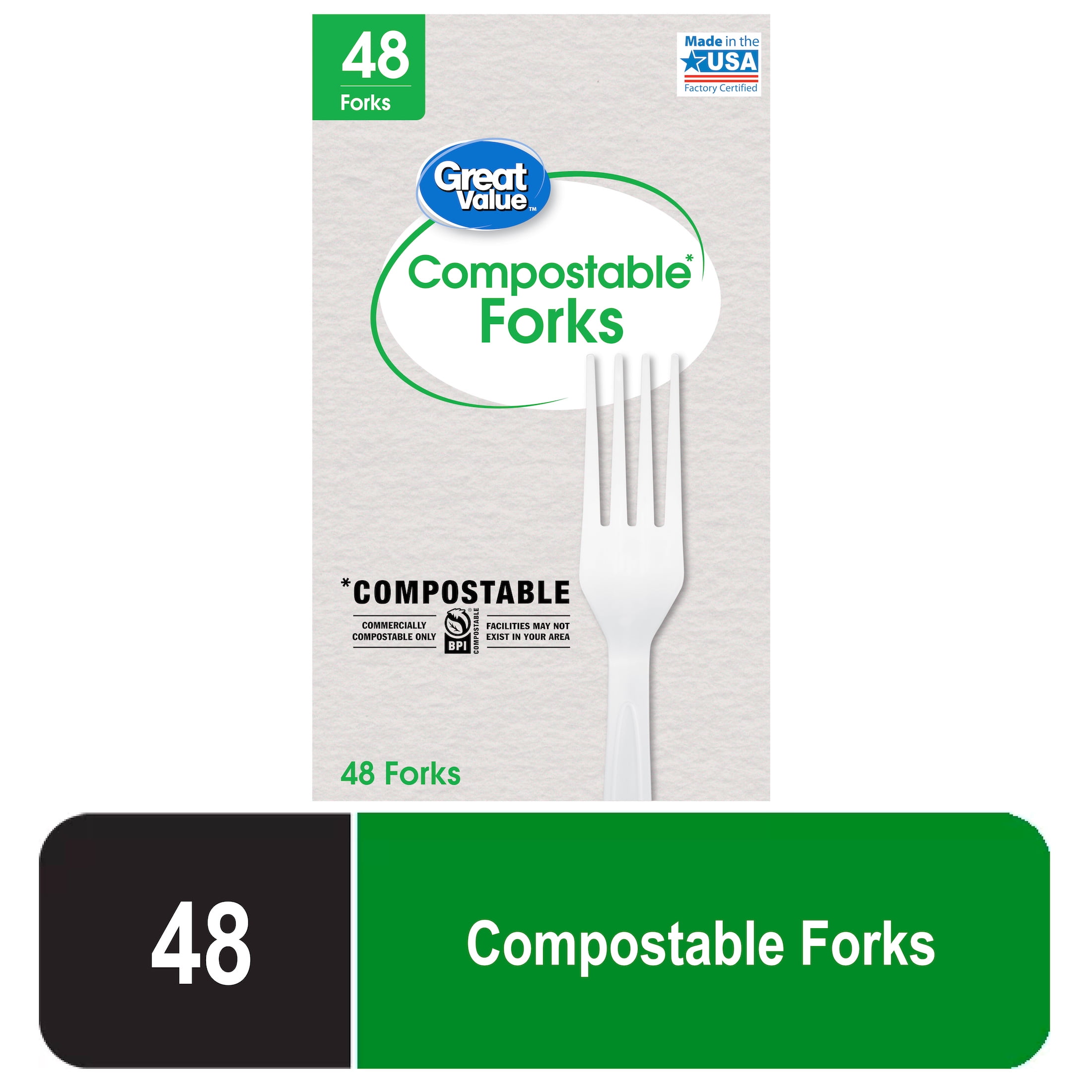 Great Value Disposable Compostable Forks, White, 48 Count
