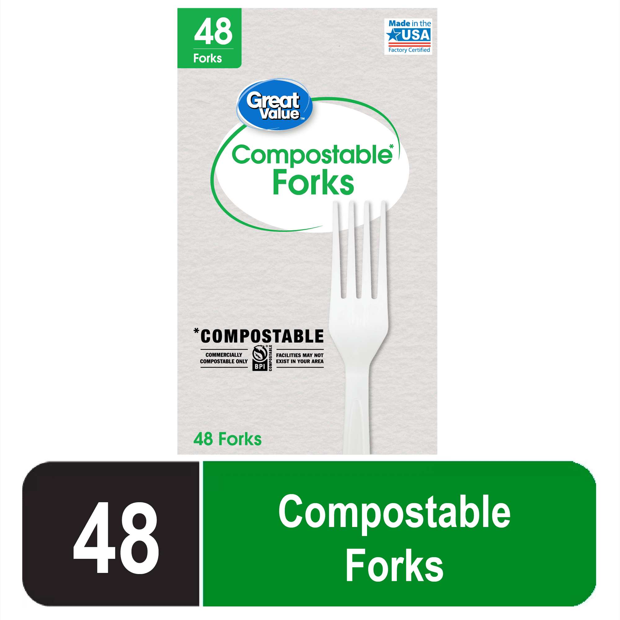 Great Value Disposable Compostable Forks, White, 48 Count
