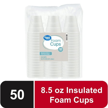 Great Value Disposable Foam Cups, 8 Ounce, 50 Count
