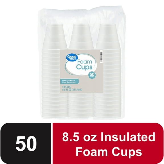 Great Value Disposable Foam Cups, 8 Ounce, 50 Count