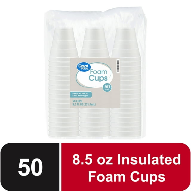 Great Value Disposable Foam Cups, 8 Ounce, 50 Count