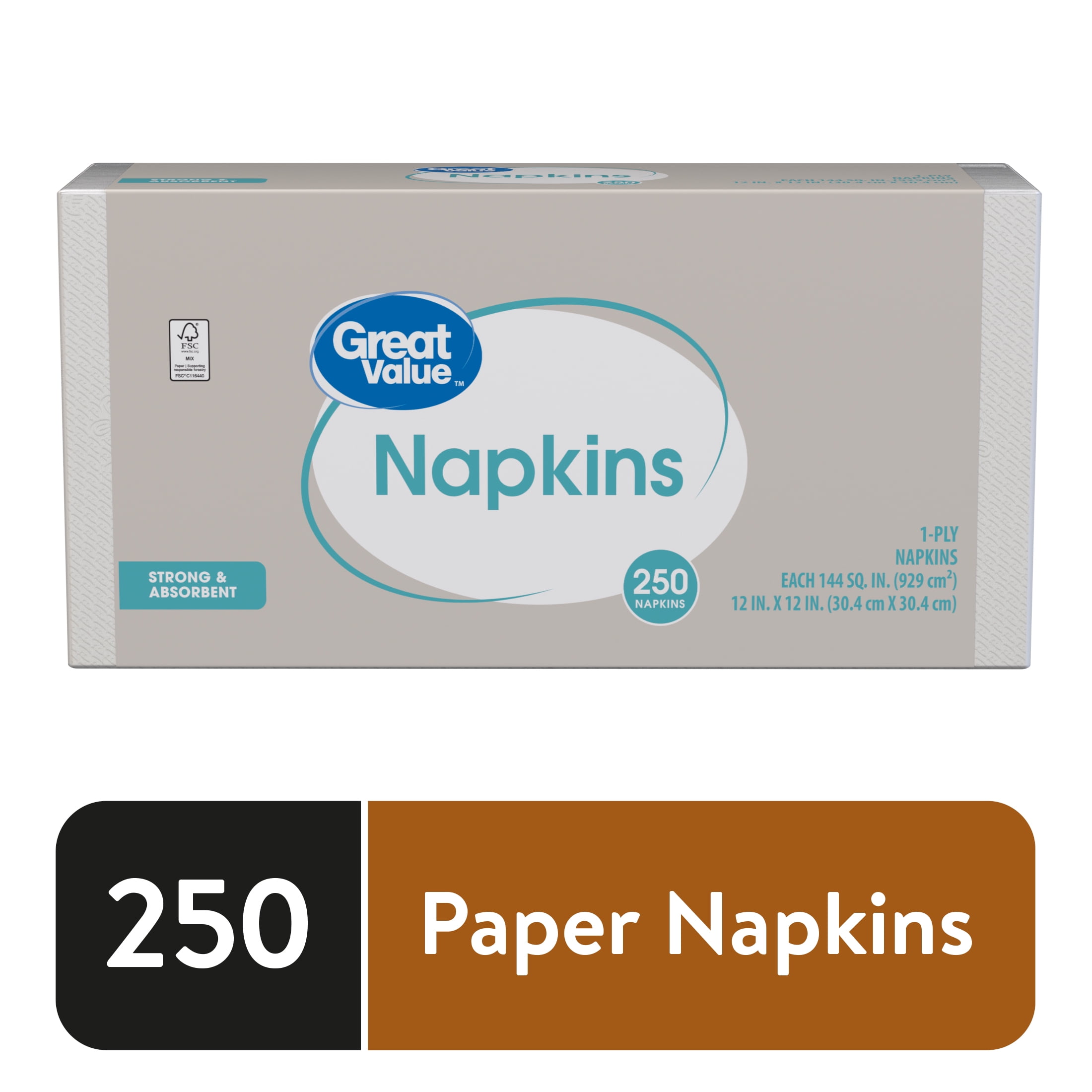 Great Value Disposable Paper Napkins, White, 12 in x 12 in, 250 Count