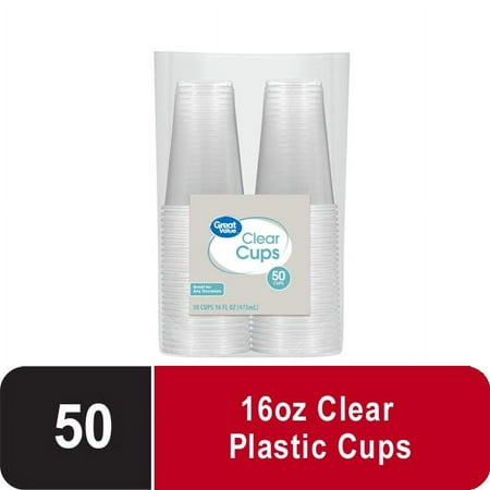 Great Value Disposable Plastic Cups, Clear, 16 oz, 50 Count