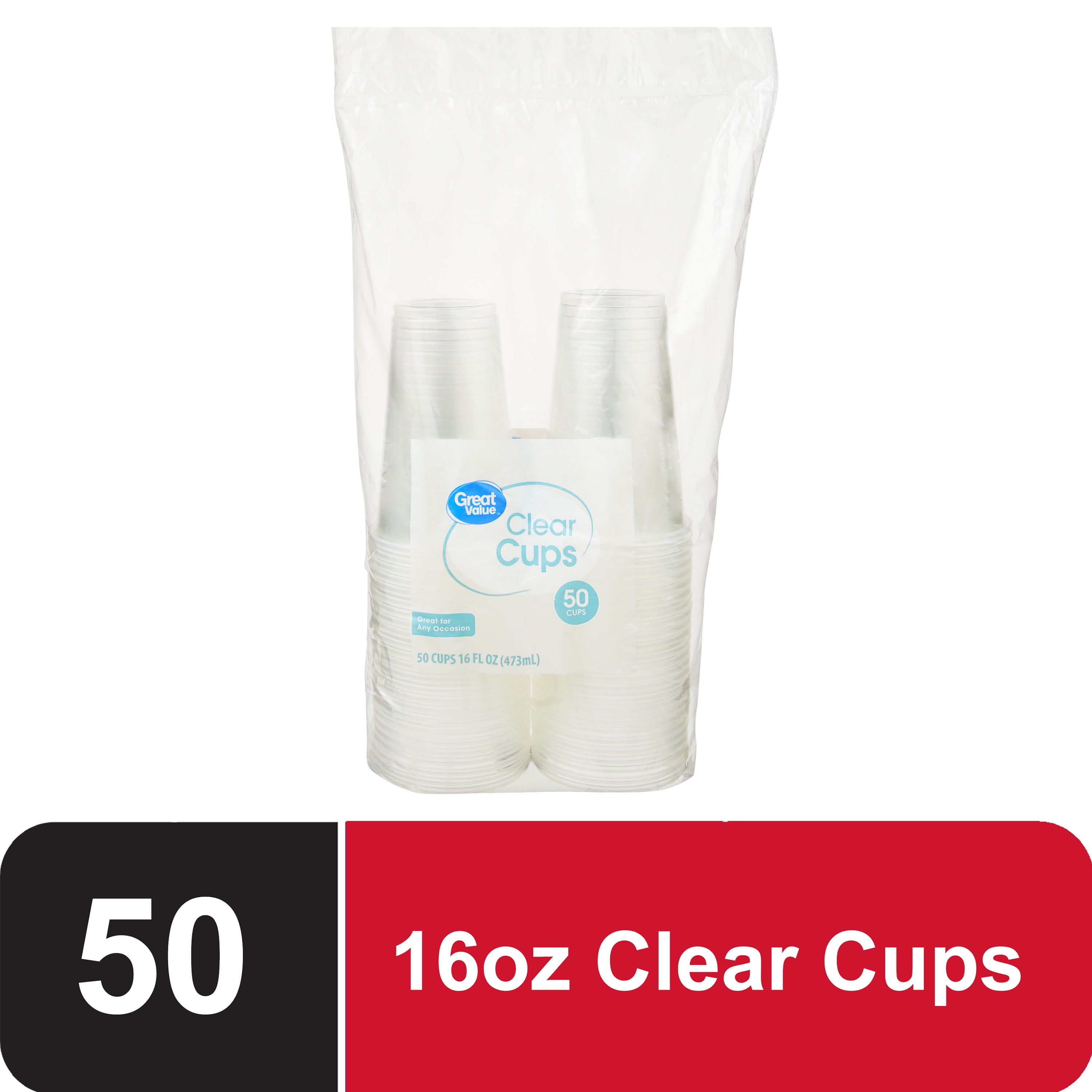 Great Value Disposable Plastic Cups, Clear, 16 oz, 50 Count