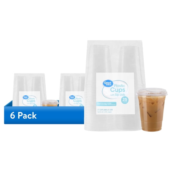 (6 pack) Great Value Disposable Plastic Cups and Lids, Clear, 16 oz, 25 Count, (Cup and Lid Combo)