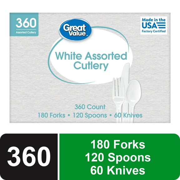 Great Value Disposable Plastic Cutlery Set, White, 360 Count includes 180F/120S/60K