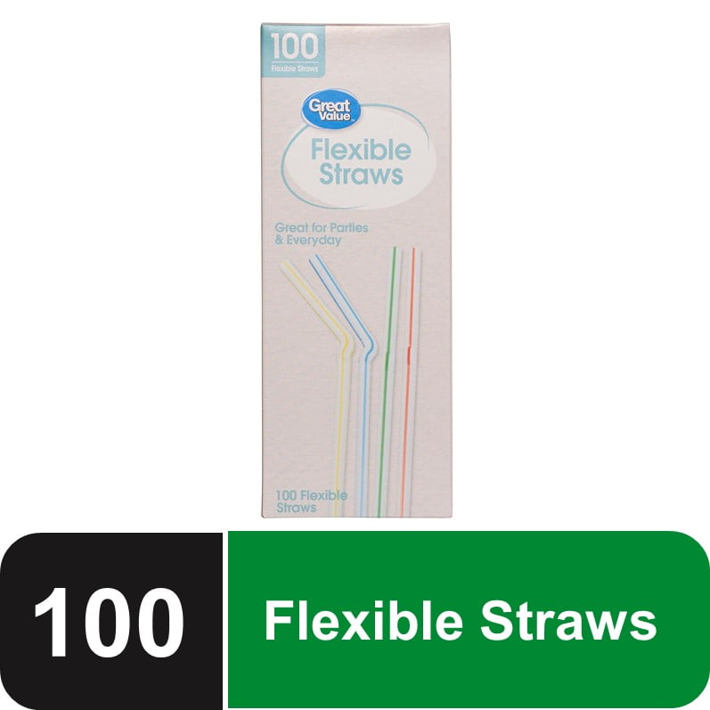 Great Value Disposable Plastic Flexible Straws, 100 Count, White with