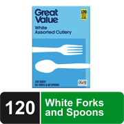 Great Value Everyday Disposable Plastic Forks and Spoons, White, 120 Count, 60 Forks and 60 Spoons