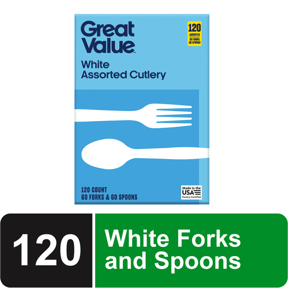Great Value Everyday Disposable Plastic Forks and Spoons, White, 120 Count, 60 Forks and 60 Spoons