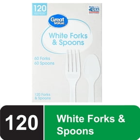Great Value Everyday Disposable Plastic Forks and Spoons, White, 120 Count, 60 Forks and 60 Spoons