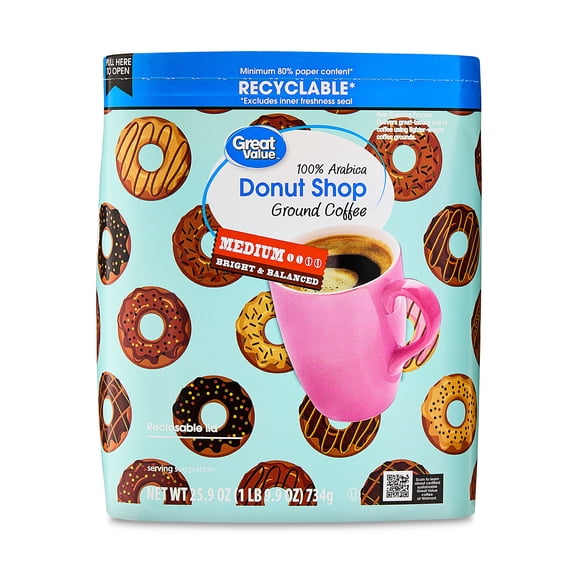 Great Value Donut Shop 100% Arabica Medium Ground Naturally Caffeinated Coffee, 25.9 oz
