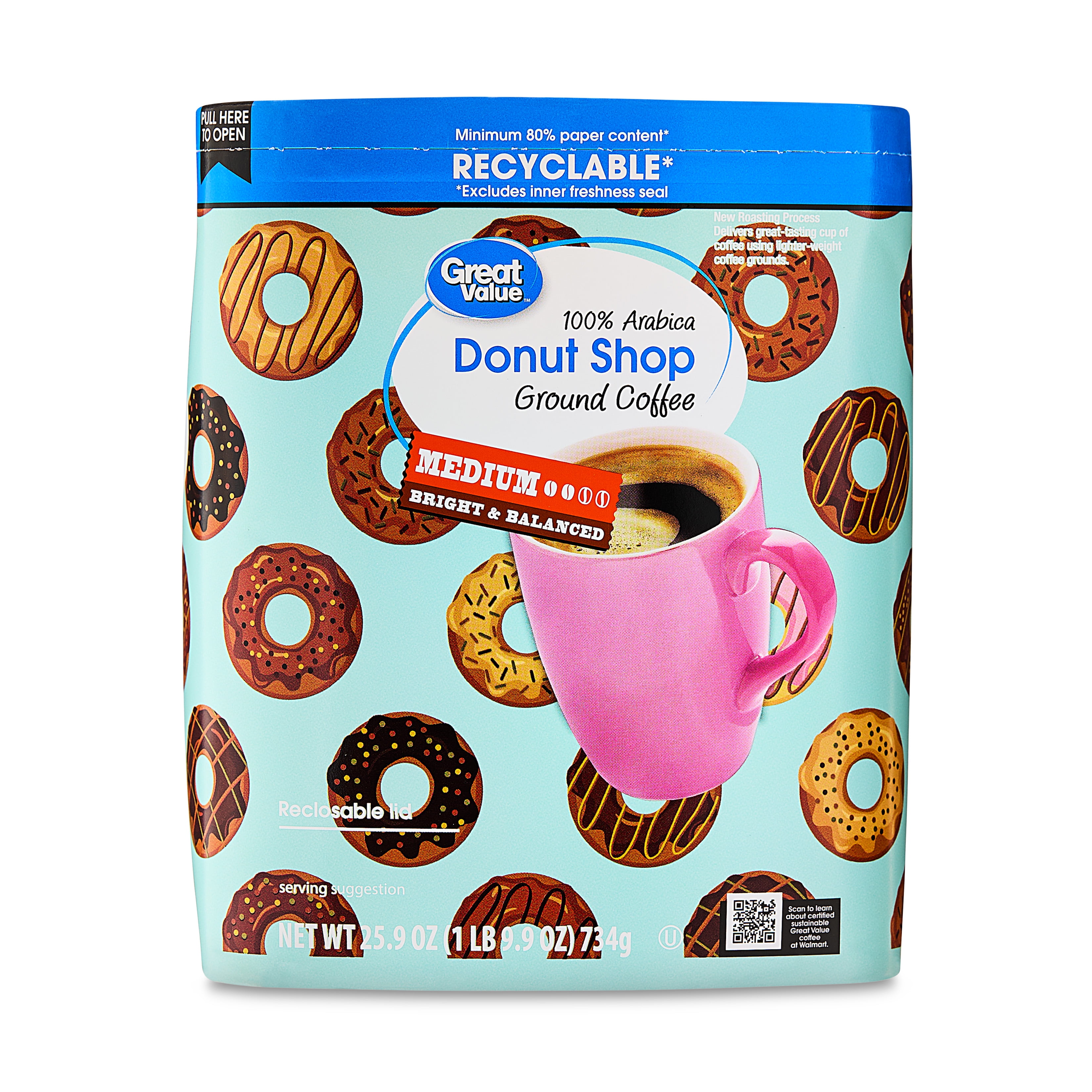 Great Value Donut Shop 100 Arabica Medium Ground Naturally Caffeinated Coffee 25.9OZ