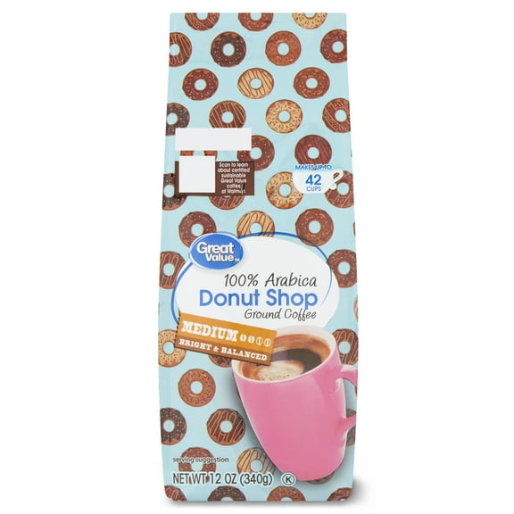 Great Value Donut Shop, 100% Arabica, Medium Roast, Ground Coffee, 12 oz