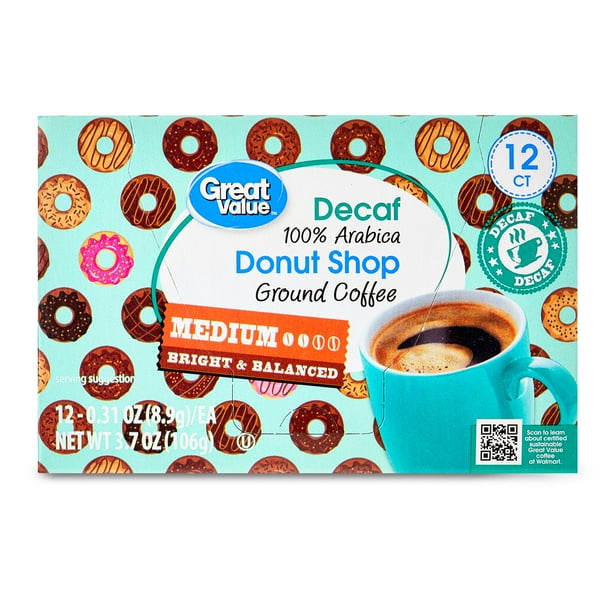 Great Value Donut Shop Decaf Ground Coffee Pods, 12 Count