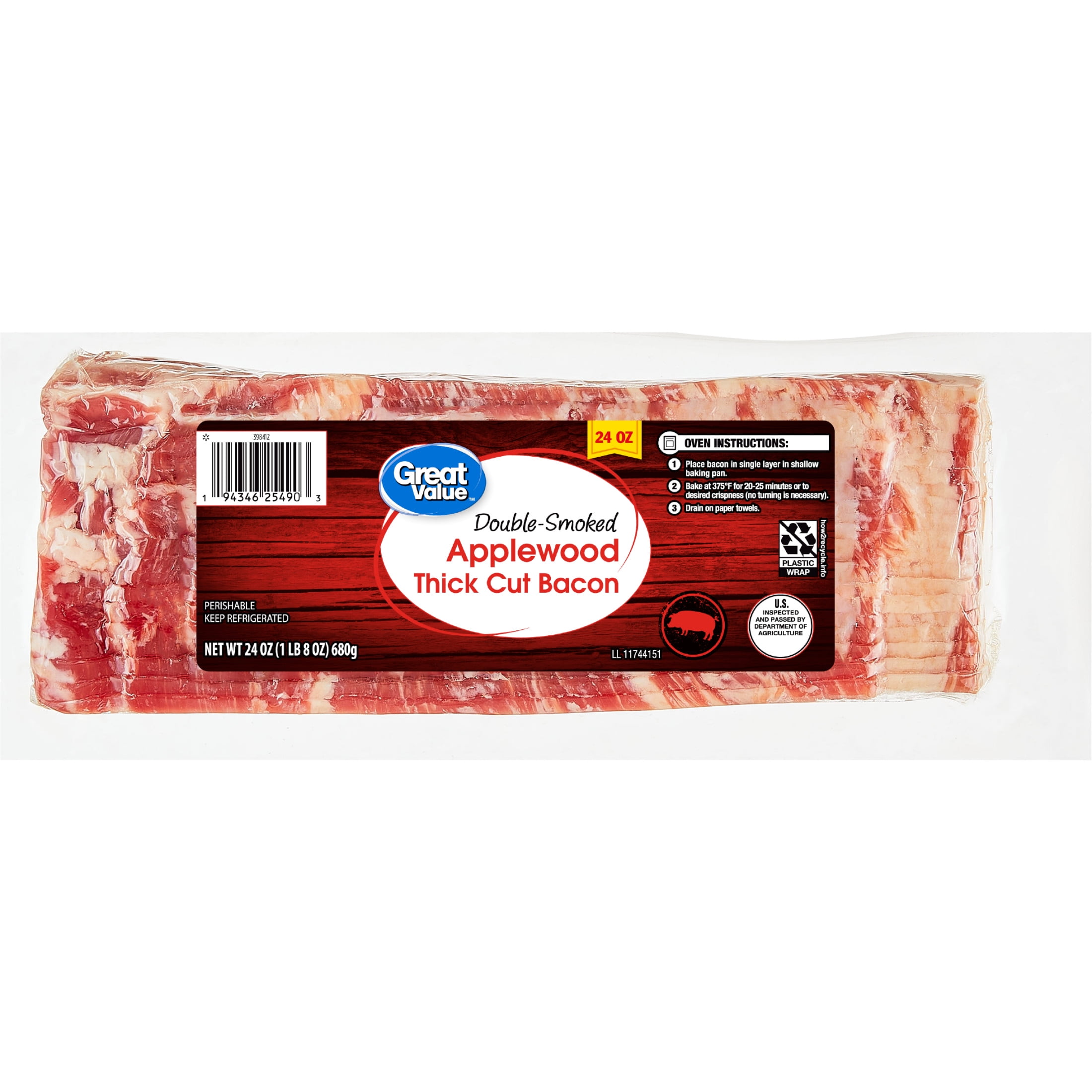 Great Value Double Smoked Applewood Thick Cut Bacon, 24 oz