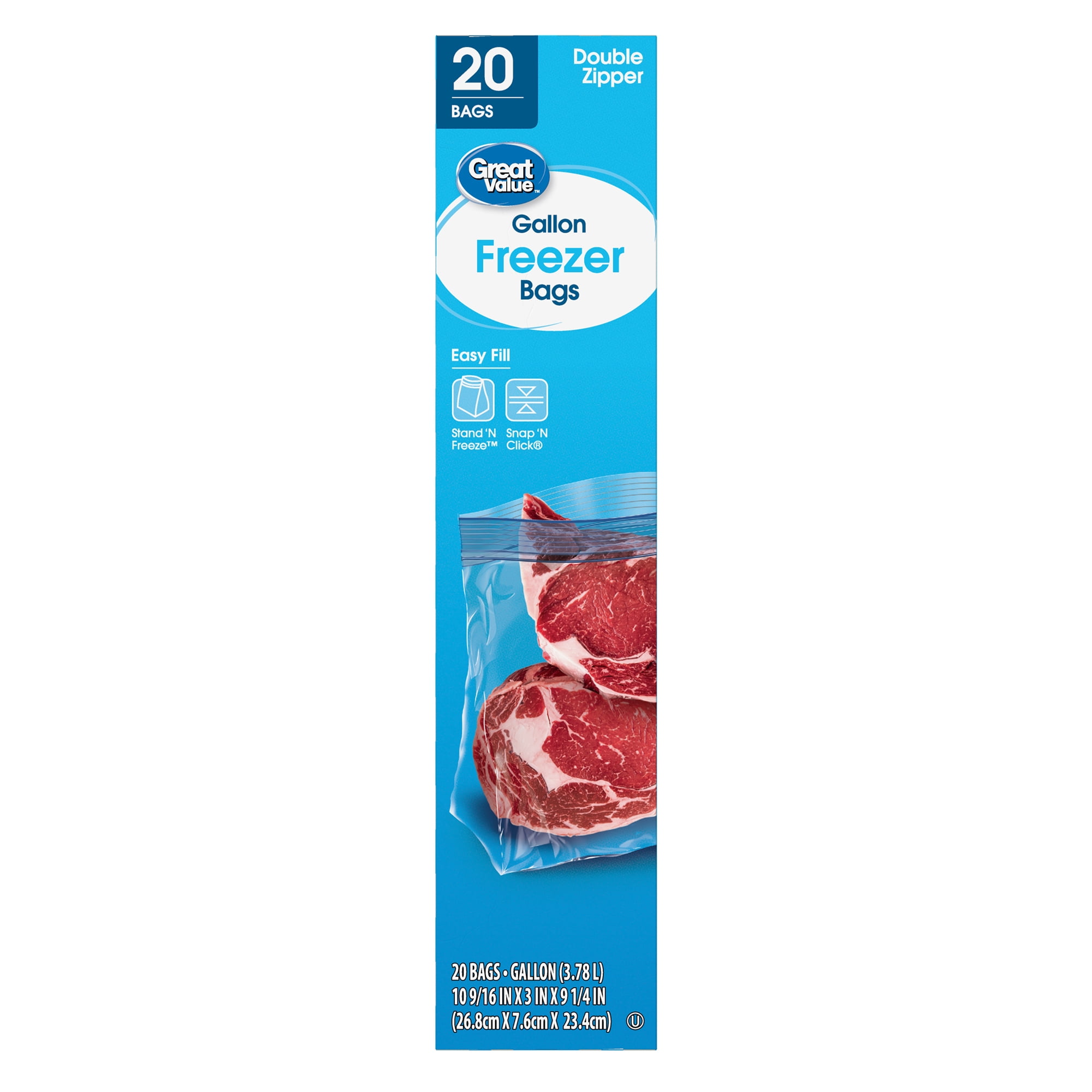Great Value Double Zipper Freezer Bags, Gallon, 20 Count