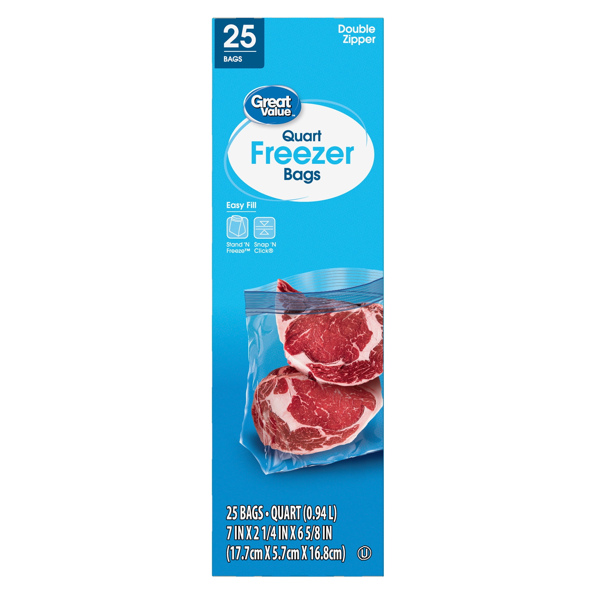 Great Value Double Zipper Freezer Bags, Quart, 25 Count