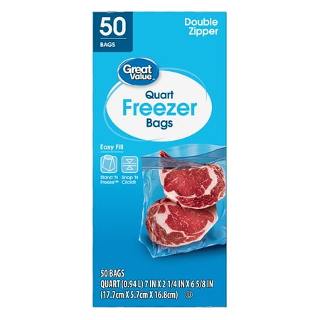 Great Value Double Zipper Freezer Bags, Quart, 50 Count