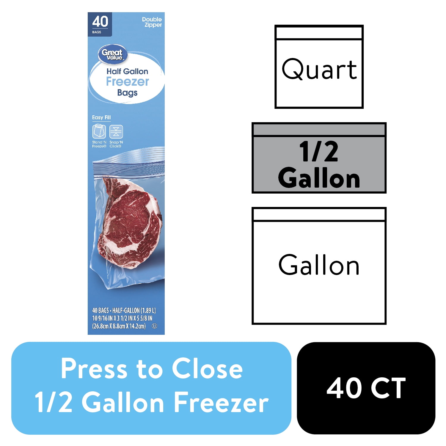 Great Value Double Zipper Half Gallon Freezer Bags, 40 Count