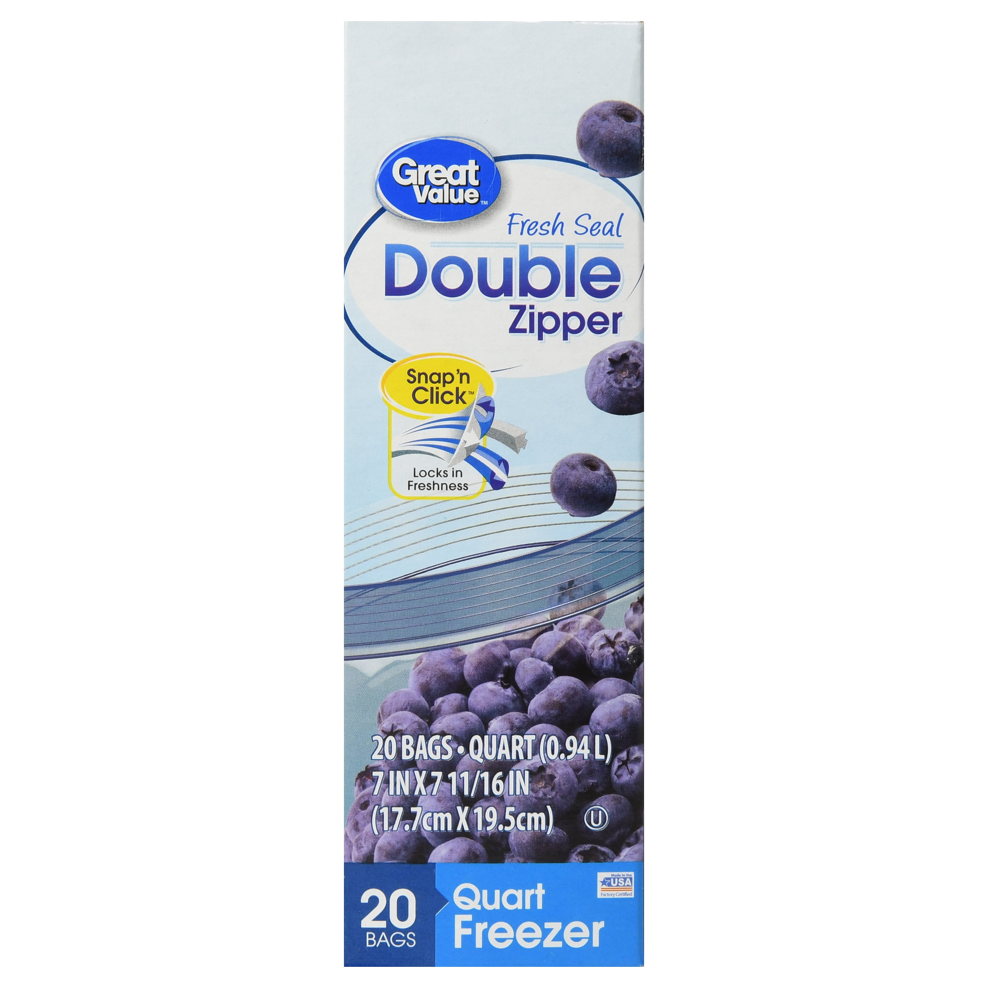 Great Value Double Zipper Quart Freezer Bags, 20 Count