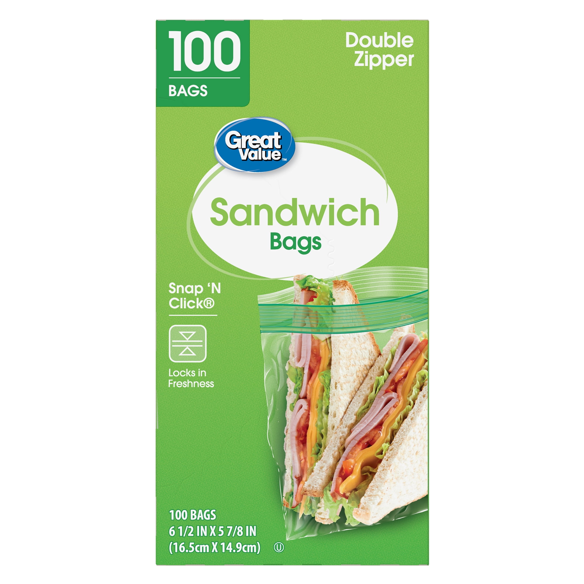 Great Value Double Zipper Sandwich Bags, 100 Count