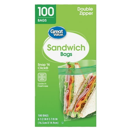 Great Value Double Zipper Sandwich Bags, 100 Count