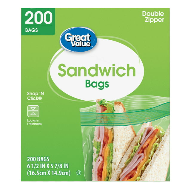 Great Value Double Zipper Sandwich Bags, 200 Count