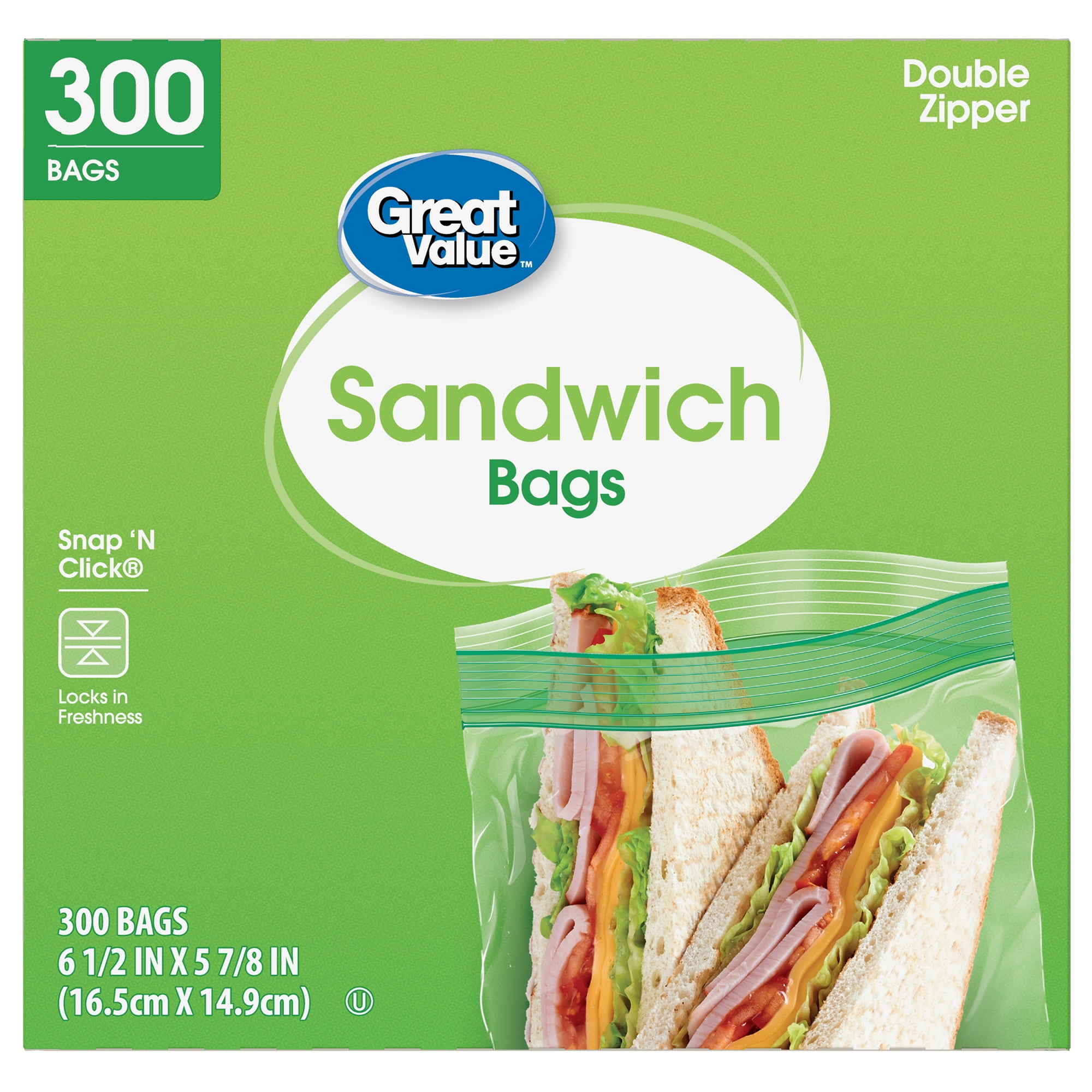 Great Value Double Zipper Sandwich Bags, 300 Count