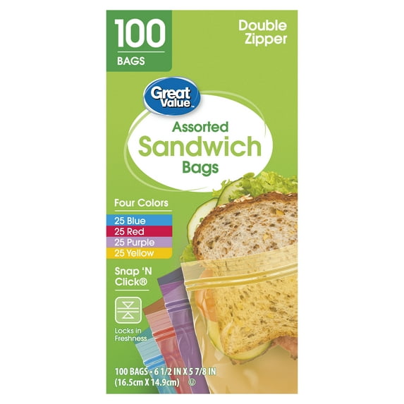 Great Value Double Zipper Sandwich Bags, Assorted Colors, 100 Count