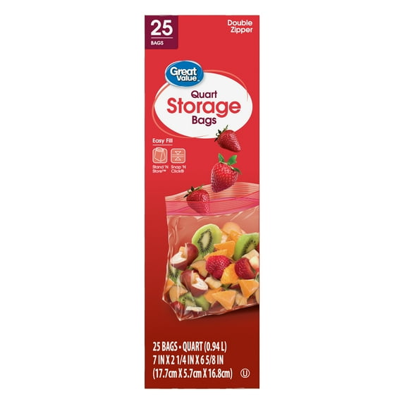 Great Value Fresh Seal Quart Storage Double Zipper Bags, 25 Count