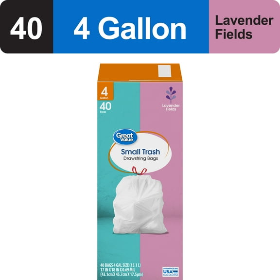Great Value Drawstring Trash Bags 4 Gallon White Lavender Fields, 40 Bags