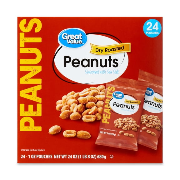 Great Value Dry Roasted Peanuts Seasoned with Sea Salt, 1 oz, 24 Count