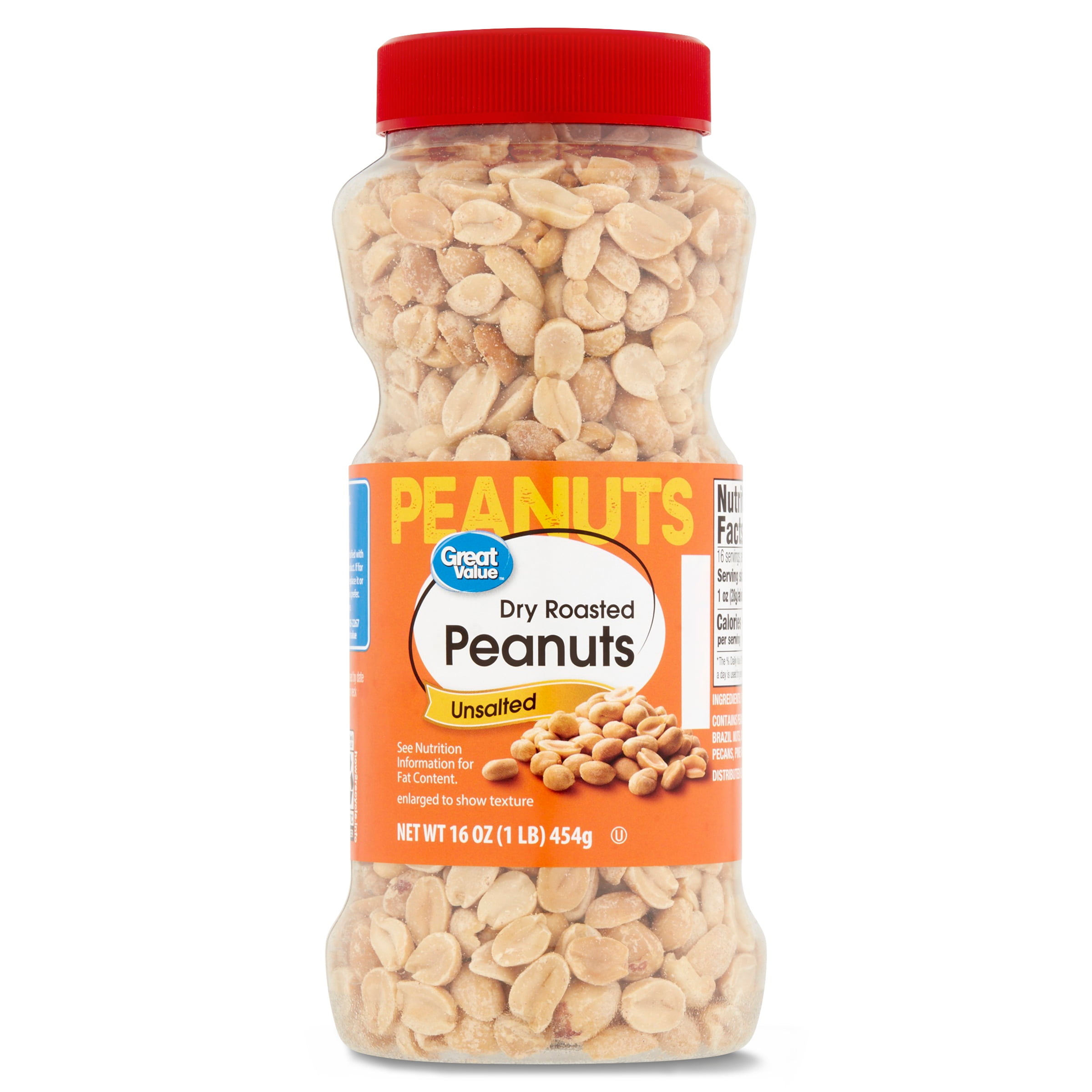 Great Value Dry Roasted and Unsalted Peanuts, 16 oz, Jar