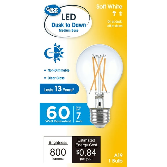 Great Value A19 Dusk to Dawn Auto Sensing LED Light Bulb, 7-Watt (60W Equivalent) Soft White E26 Base