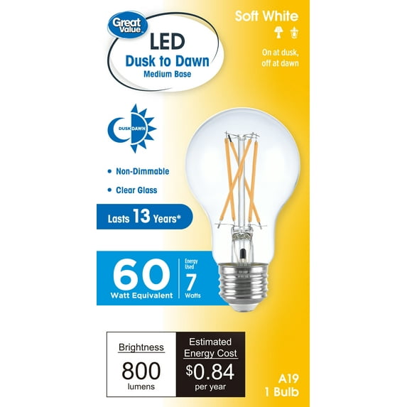 Great Value A19 Dusk to Dawn Auto Sensing LED Light Bulb, 7-Watt (60W Equivalent) Soft White E26 Base