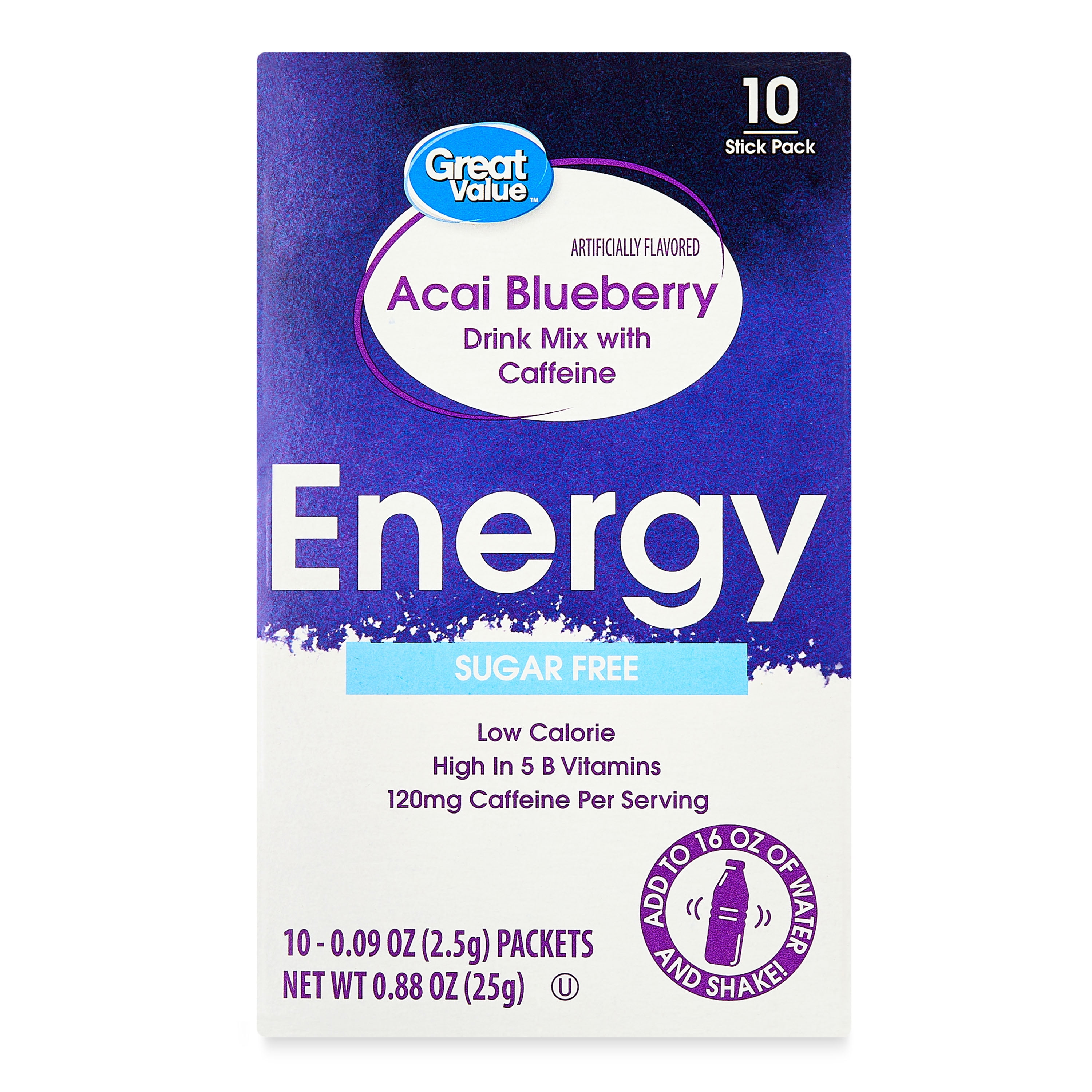 Great Value Energy Drink Mix, Sugar Free Blueberry Acai, 10 Count
