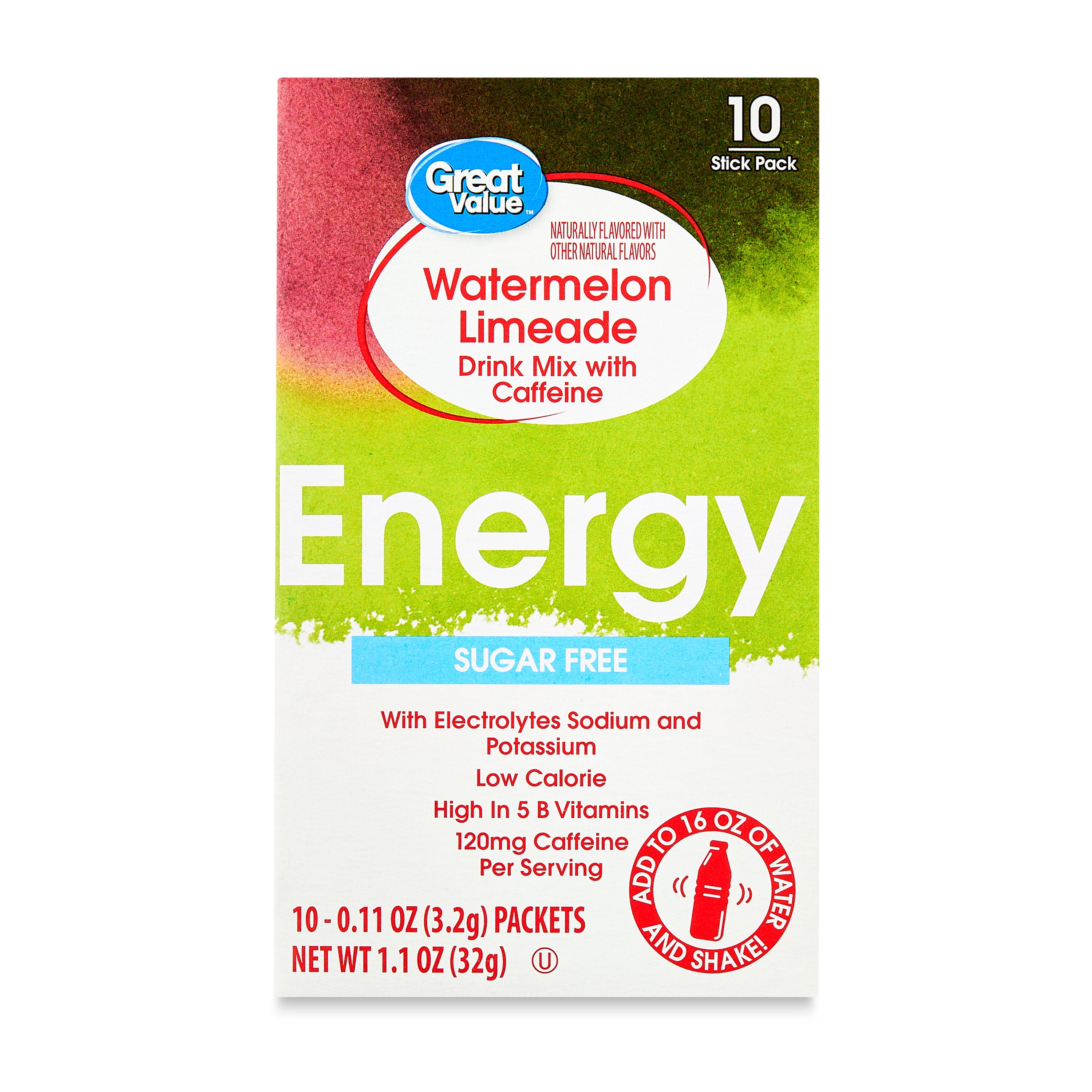 Great Value Energy Electrolyte Watermelon Limeade Liquid Drink Mix, Sugar-Free, 1.1 oz, 10 Packet