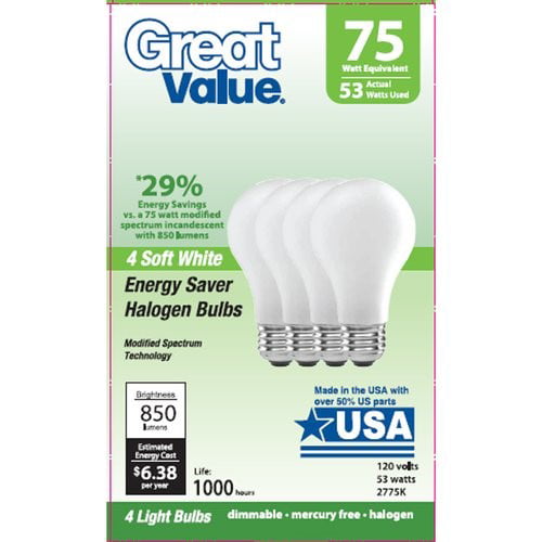 Stor mængde leje Sober Great Value Energy Saving Halogen Light Bulbs, 75W, Soft White, 4 Count -  Walmart.com