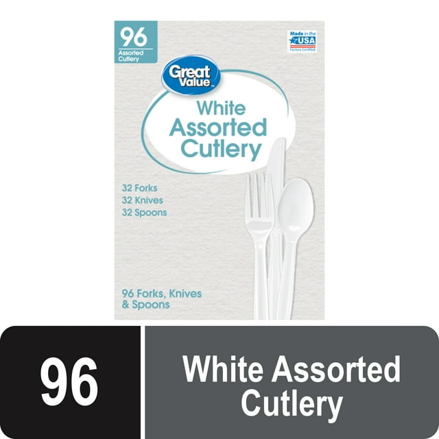 Great Value Everyday Assorted White Cutlery, 96 Count