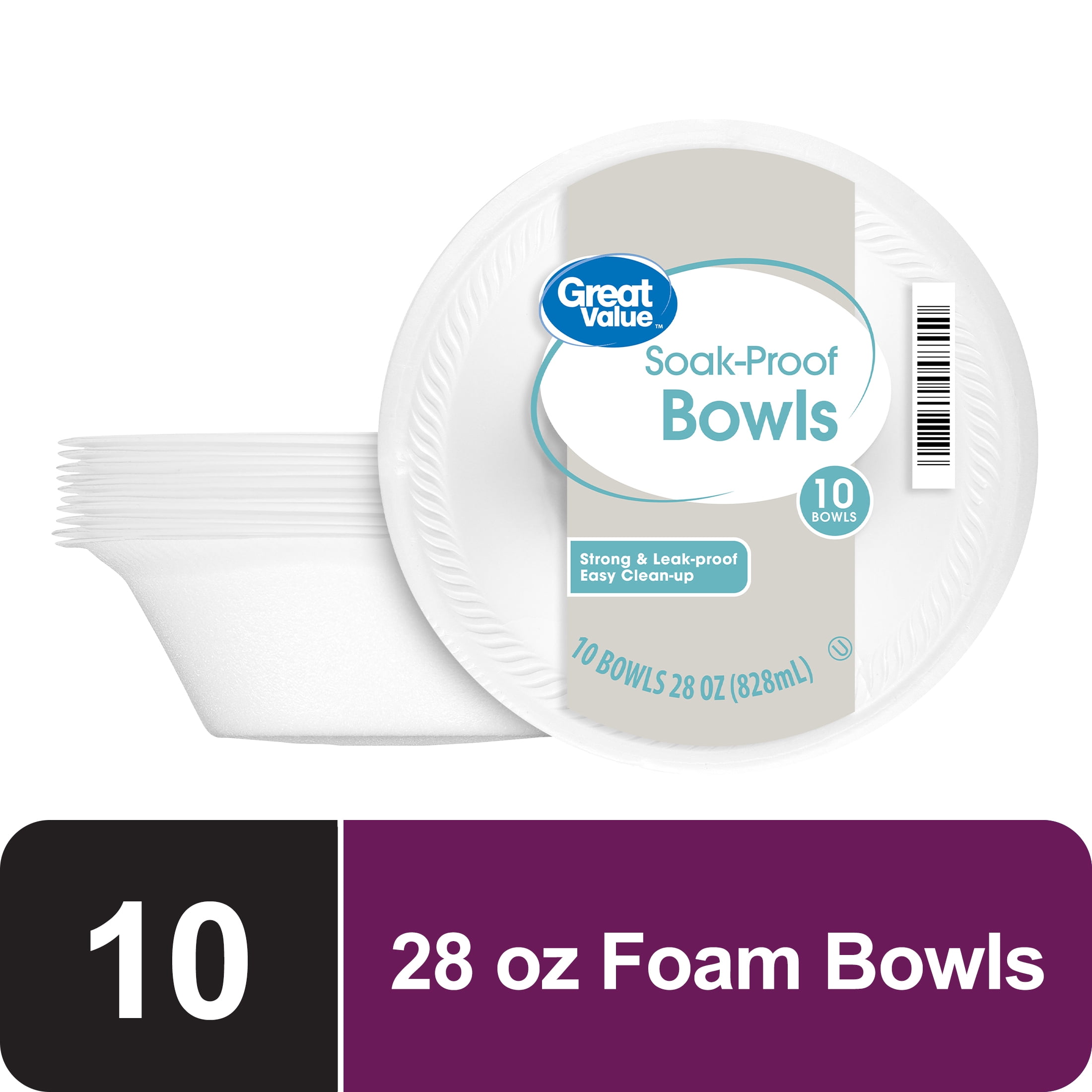 Great Value Everyday Disposable Foam Bowls, 28 oz, 10 Ct