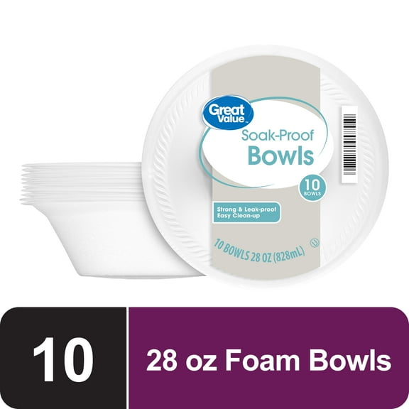 Great Value Everyday Disposable Foam Bowls, 28 oz, 10 Ct